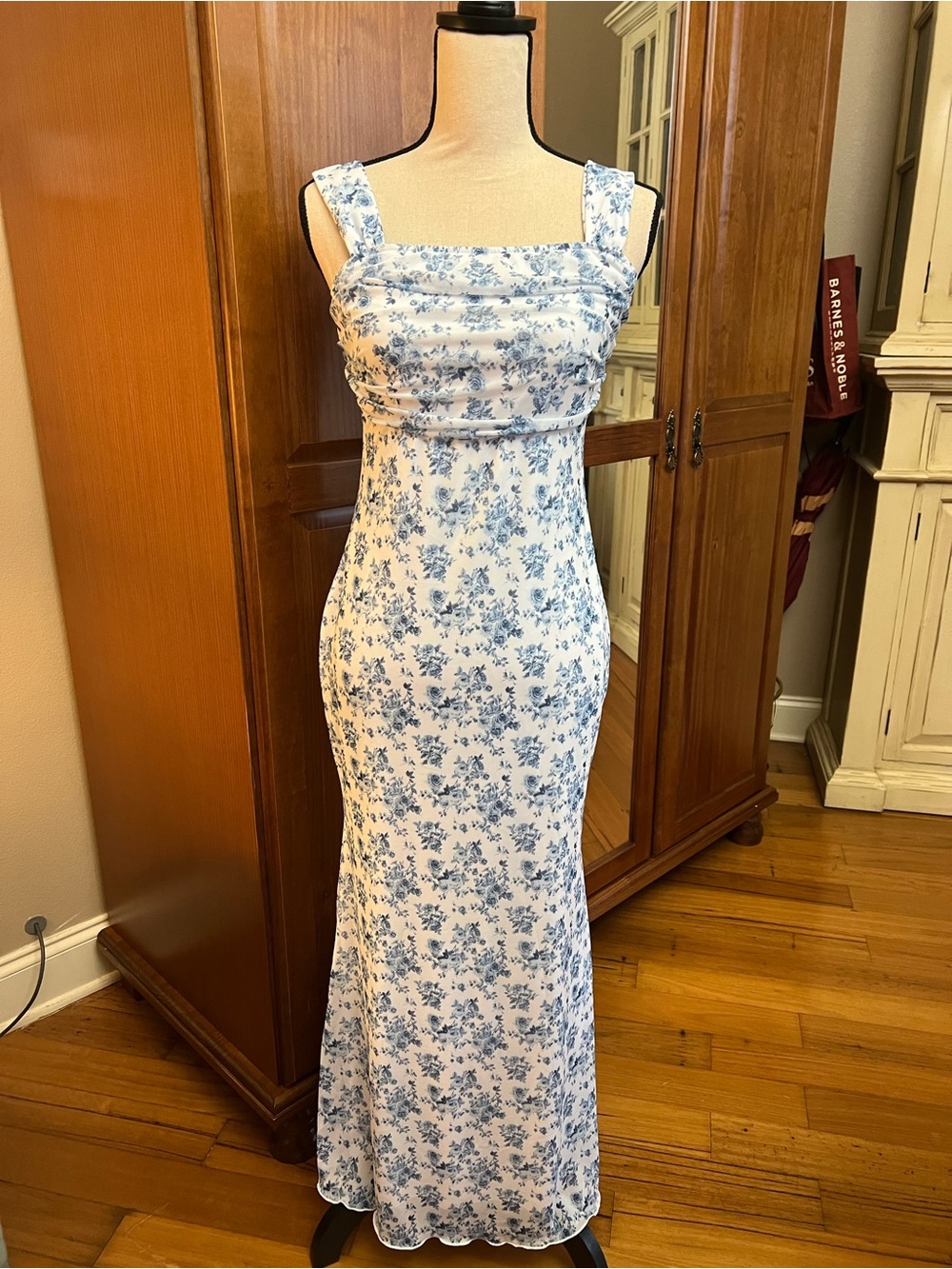 Blue Floral Square-Neck Maxi Dress
